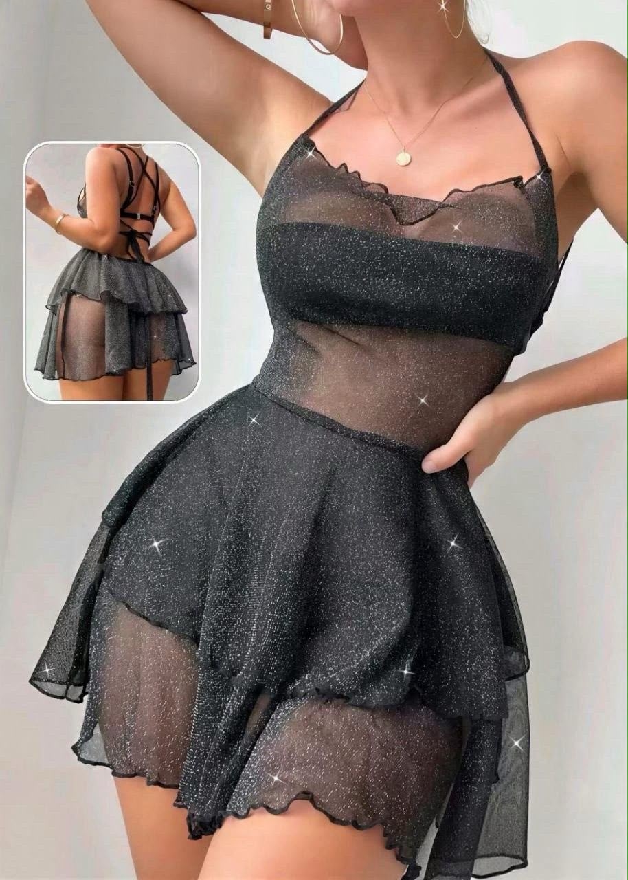 Black Glitter Mesh Babydoll Set