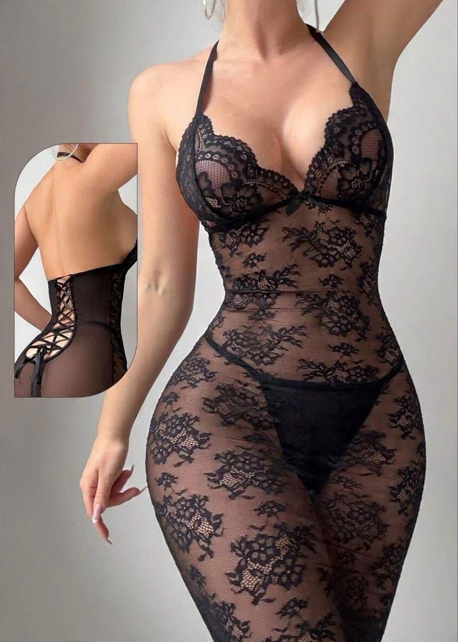 Floral Lace Lace-Up Slit Babydoll Dress