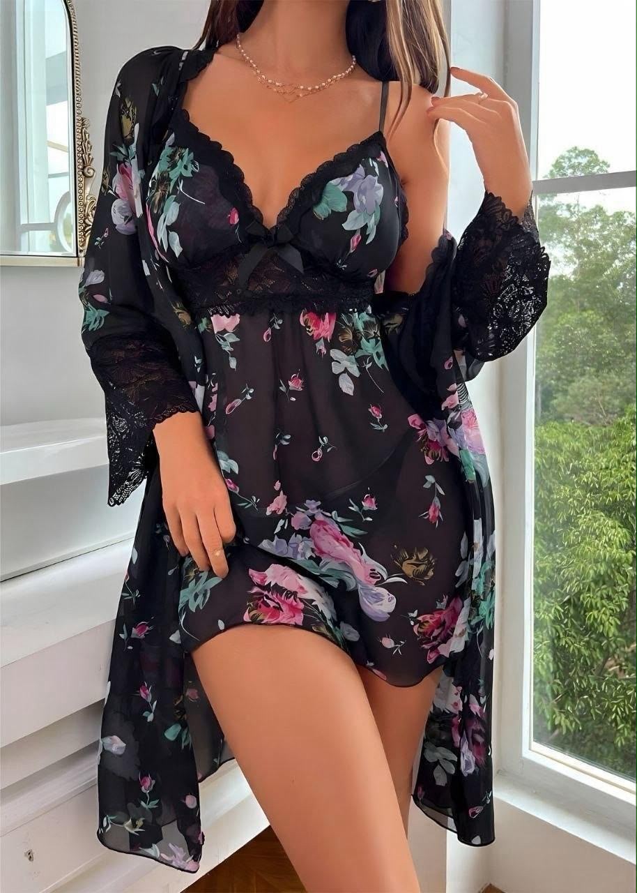 Floral Lace Babydoll & Robe Set